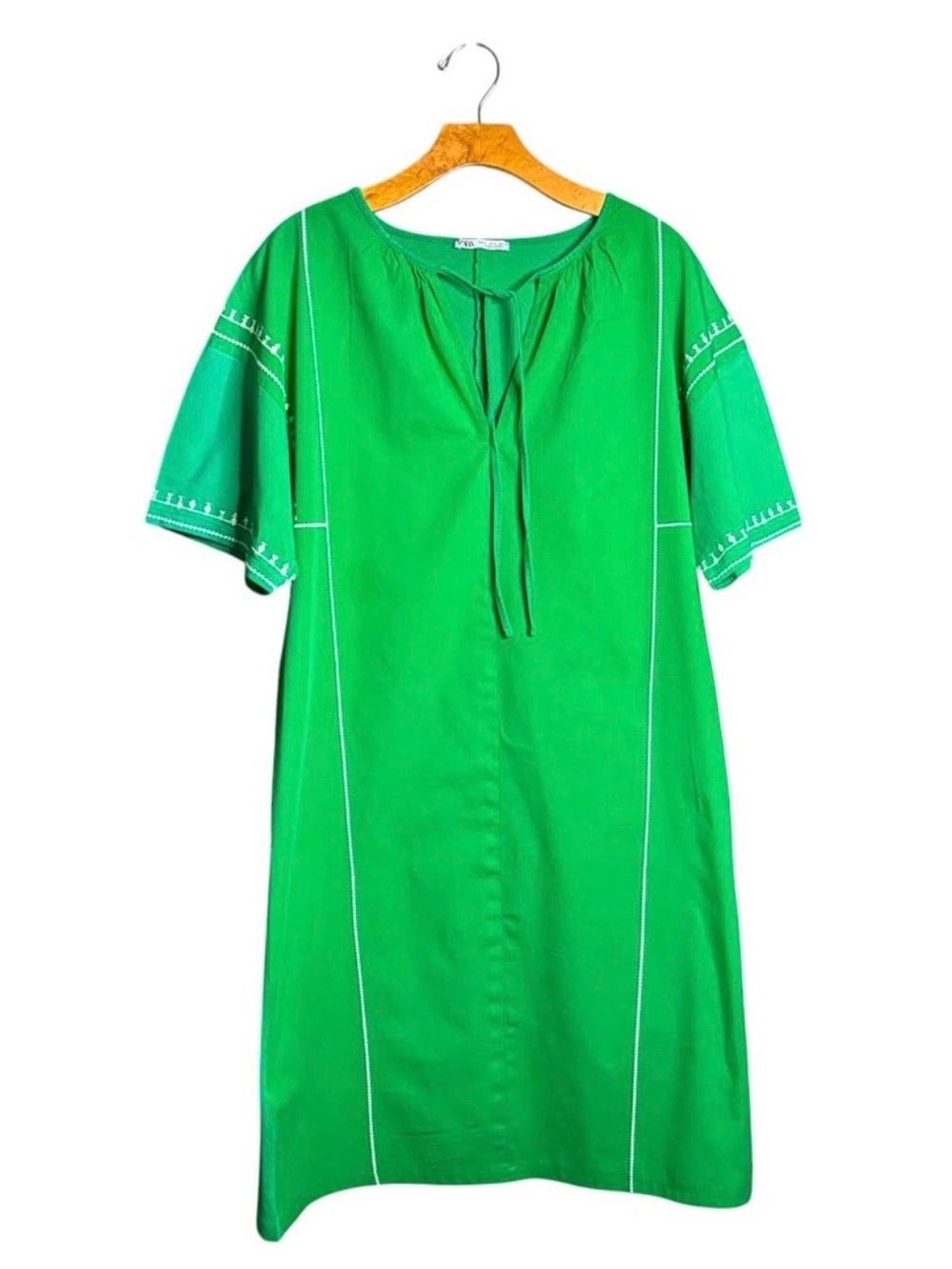 Zara Green Boho Tunic Dress with White Embroidery and Neck Tie Size Small - Picture 2 of 8